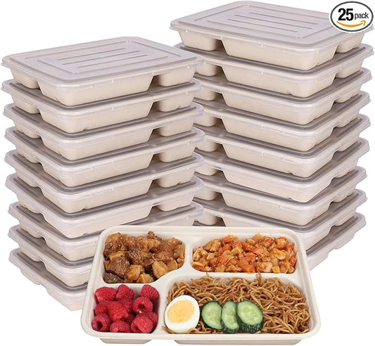 40 oz 4 Compartments disposable Sugarcane Fiber plates with Lids Bagasse Plant Fibers Freezer Safe 25 Pack