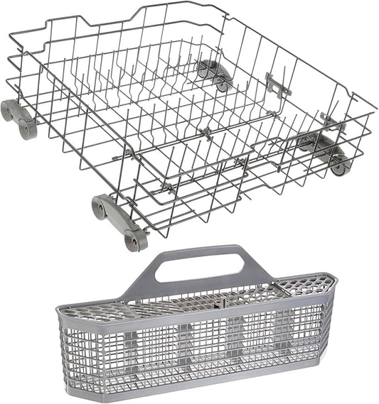 US-Based Supplier - WD28X34744 WD28X26099 Dishwasher Lower Dishrack Assembly Compatible with GE Dishwashers with WD28X10128 Dishwasher Silverware Basket