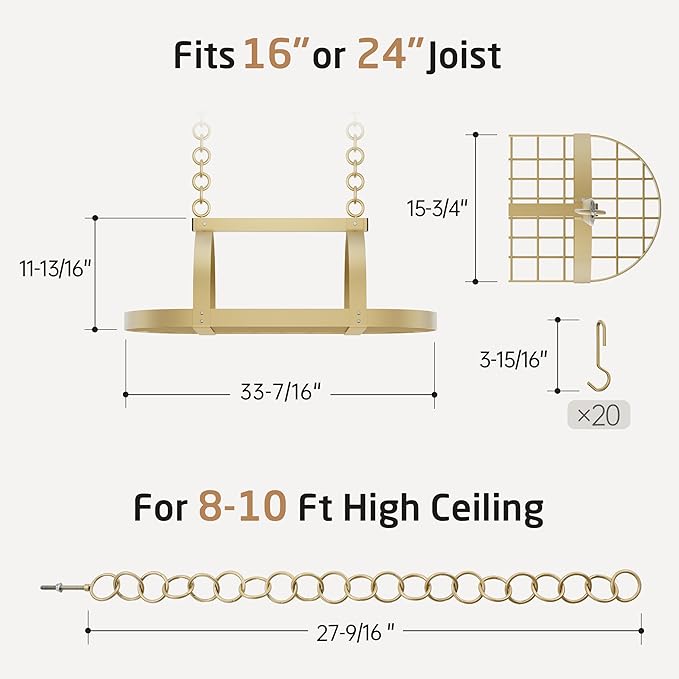 KES Gold 34 Inch Hanging Pot Rack, 100 LBS Capacity Heavy Duty Oval Pot and Pan Hanging Rack Ceiling Mount, Pot Pan Hangers Organizer for Kitchen Island with 20 Hooks (For 16" and 24" Joist)