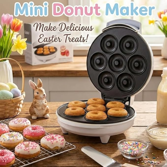 Mini Donut Maker- Electric NonStick Surface Makes 7 Small Doughnuts- Decorate Frost Ice Your Own for Kid Friendly Baked Dessert Treat- Cooking Activity for Adults, Easy Bake Gift, Galentine Brunch Fun