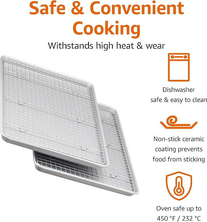 Amazon Basics Ceramic Nonstick Baking Sheets & Cooling Rack Set, PTFE & PFOA Free, Dishwasher Safe, Oven Safe, Half Sheet Size, Gray, 2-Pack