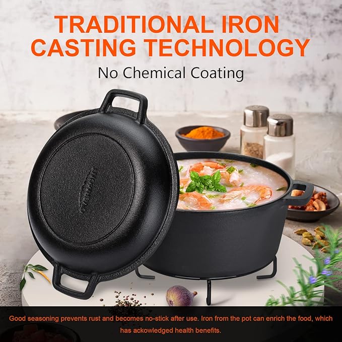 Overmont 2-in-1 Cast Iron Dutch Oven - 5QT Pre-Seasoned All-in-One Casserole Braising Pan with Skillet Lid Cookbook & Silicone Handle Covers - Heavy Duty Oven-Safe Pot for Bread Baking Frying Camping