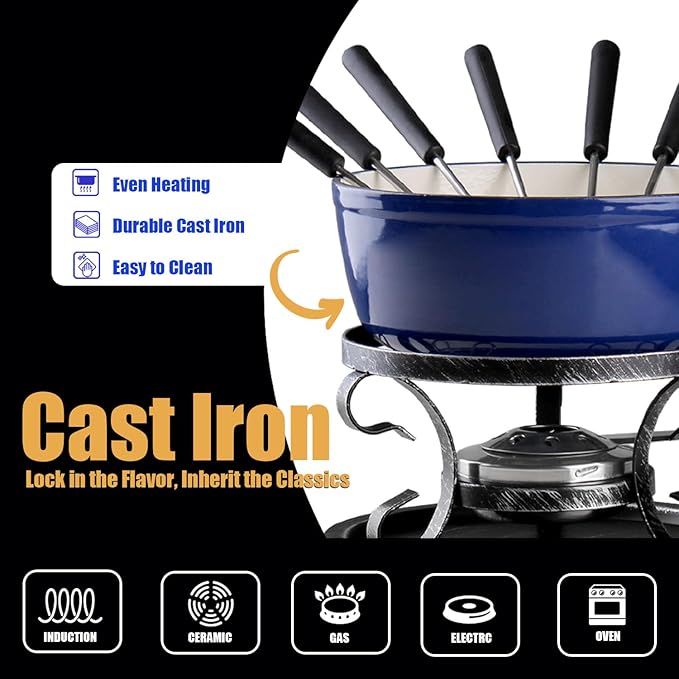 Artestia Cast Iron Fondue Pot Set for Cheese & Chocolate, Fondue Set for 6 with Burner & 6 Forks, Swiss Fondue Pot for Party, Family & Gift, Blue
