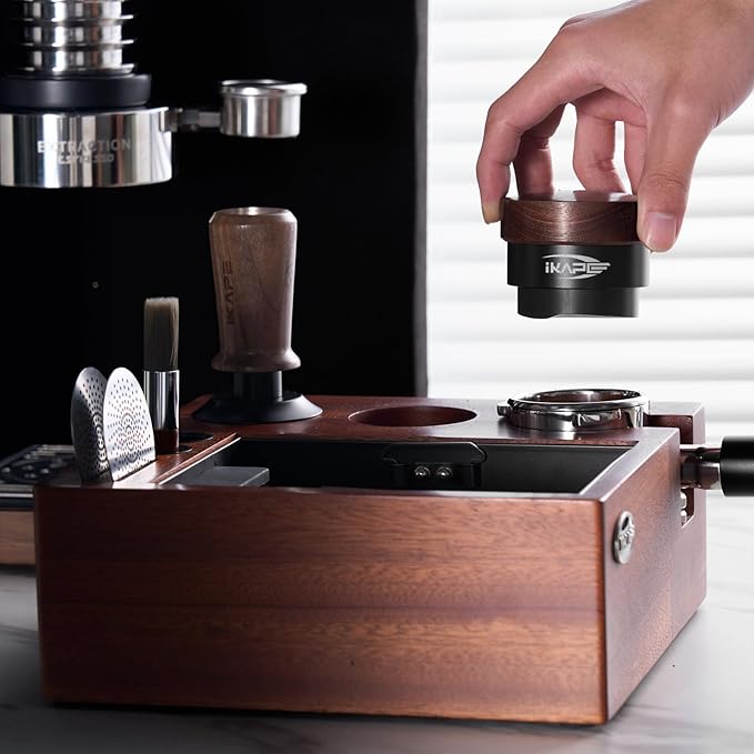 IKAPE V2 Espresso Knock Box, Espresso Coffee Organizer Box Fit for Storage 51mm 53/54mm 58mm Espresso Tamper, Distributor, Portafilter & Puck Screen Accessories, Natural Walnut Station Base (8 IN One)
