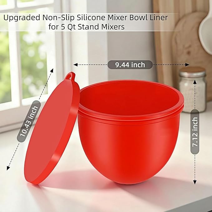 Kitchen Silicone Bowl Insert – Upgraded Non-Slip Silicone Mixer Bowl Liner for Tilt-Head 5 Qt Stand Mixers with Lid, Dishwasher & Microwave Compatible (red)