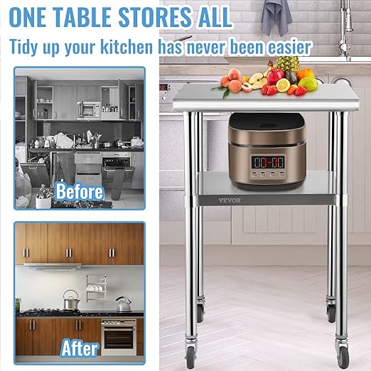 VEVOR Stainless Steel Prep Table, 24 x 24 x 33.5 Inch, 600lbs Load Capacity Heavy Duty Metal Worktable with Adjustable Undershelf & Universal Wheels, Commercial Workstation for Kitchen Garage Backyard