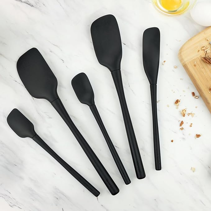 Tovolo Flex Core 5 Piece Silicone Spatula Set Heat Resistant All Silicone Utensils Include Non Stick Spatula Spoonula Jar Scraper, Dishwasher Safe BPA Free Spatulas for Baking Mixing, Black