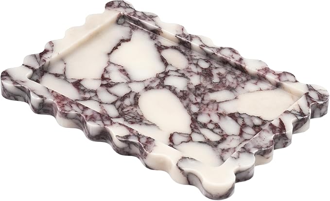 Scalloped Vanity Marble Tray - Large Home Decorative Stone Perfume Candle Plates for Bathroom Accessories Coffee Table Bar, Luxury Antique Key Dish for Kitchen Countertop (10.6" x 7.4" x 0.8")