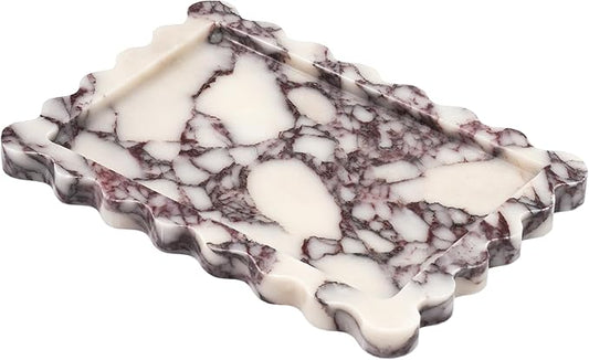 Scalloped Vanity Marble Tray - Large Home Decorative Stone Perfume Candle Plates for Bathroom Accessories Coffee Table Bar, Luxury Antique Key Dish for Kitchen Countertop (10.6" x 7.4" x 0.8")