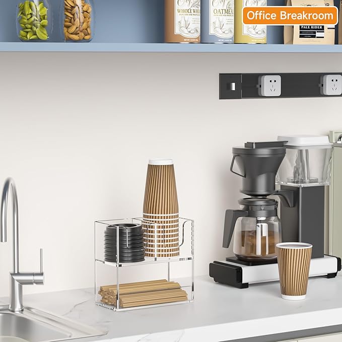 Beego 3-Compartment Cup Holder for Countertop - 2-Tier Clear Acrylic Cup Dispenser Coffee Station Paper Cup and Lid Organizer Condiment Storage for Restaurant Breakroom Kitchen Bar Accessories