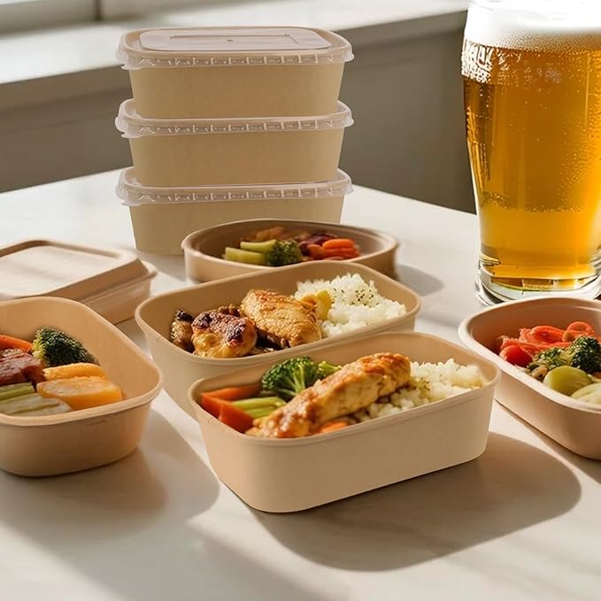 50 Pack 29 oz Paper Food Containers with Lids, Meal Prep Containers Disposable Large Paper Bowls, Microwavable and Freezer Storage Use Cardboard Food Containers