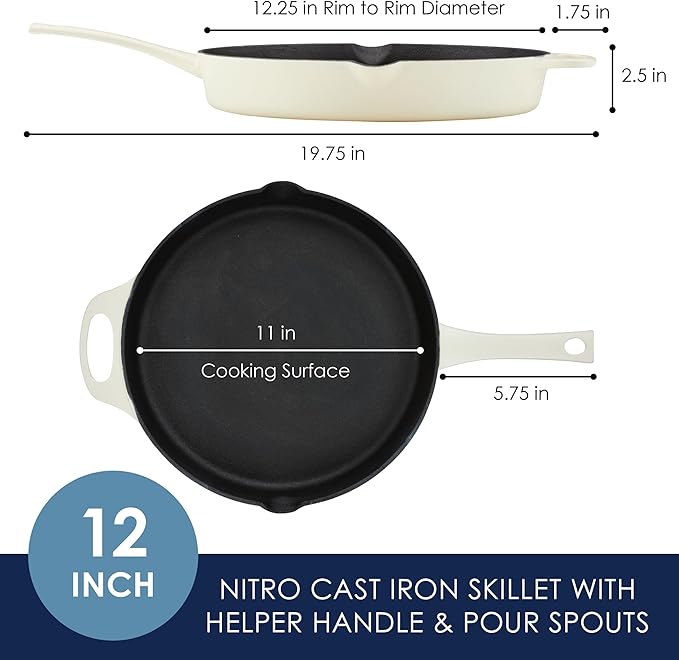 Rachael Ray NITRO Cast Iron Frying Pan/Skillet with Helper Handle and Pour Spouts, 12 Inch, Almond