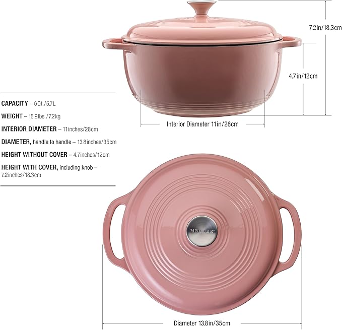 Mercer Culinary Enameled Cast Iron Round Dutch Oven, 6 qt., Pink