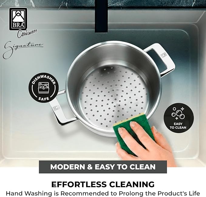 BRA COOKWARE Signature Stainless Steel Steamer | 9.5 inches - 4 quarts Professional Grade Steam Set | Compatible with Signature Stock Pot w/Glass Lid | PFOA Free | Polished Finish