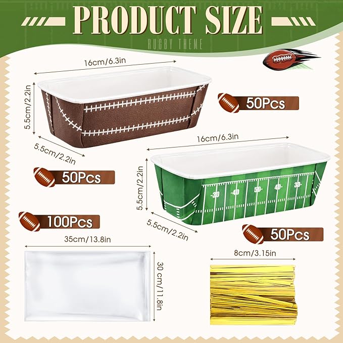 Honeydak 100 Sets Football Game Paper Baking Pans Bulk Paper Mini Loaf Pans with Bags for Baking 6.3 x 2.2 x 2.2 in Disposable Serving Trays Field Ball Pattern the Big Game Party Supplies (Football)