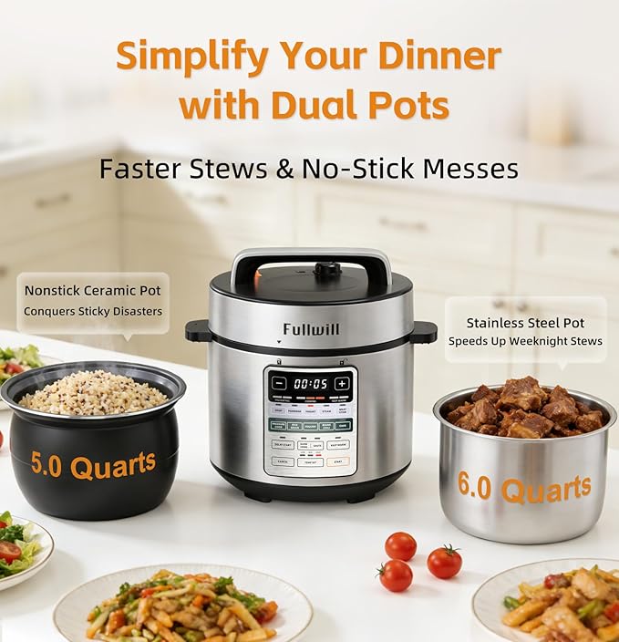 Fullwill Dual-Pot Electric Pressure Cooker, 12-in-1 Multi-Cooker with 6QT Stainless Steel & 5QT Ceramic Pot, for Pressure Cook, Slow Cook, Yogurt & More