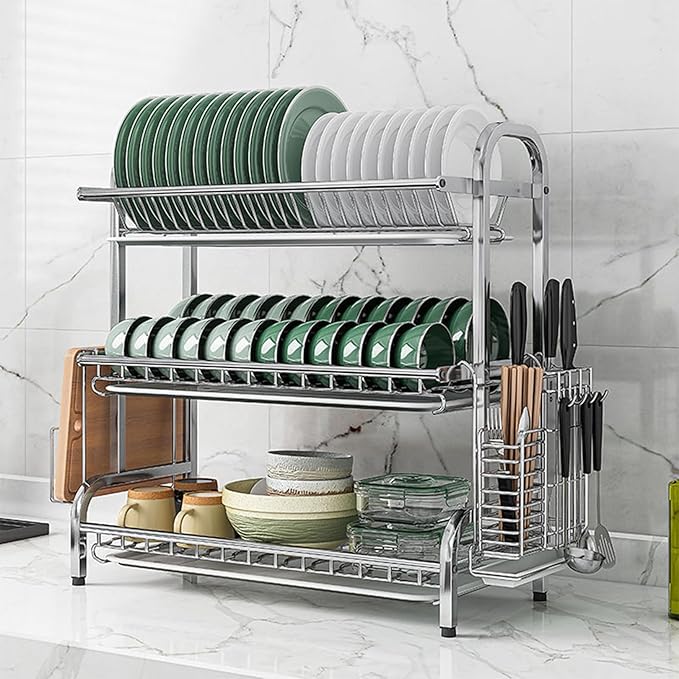 Counter Dish Stainless Steel Dish Drying Rack for Countertop - Rustproof Space-Saving & Multipurpose 3-Tier Dish Rack for Kitchen Counter with Utensil Holder, Large-Capacity Kitchen Organizer
