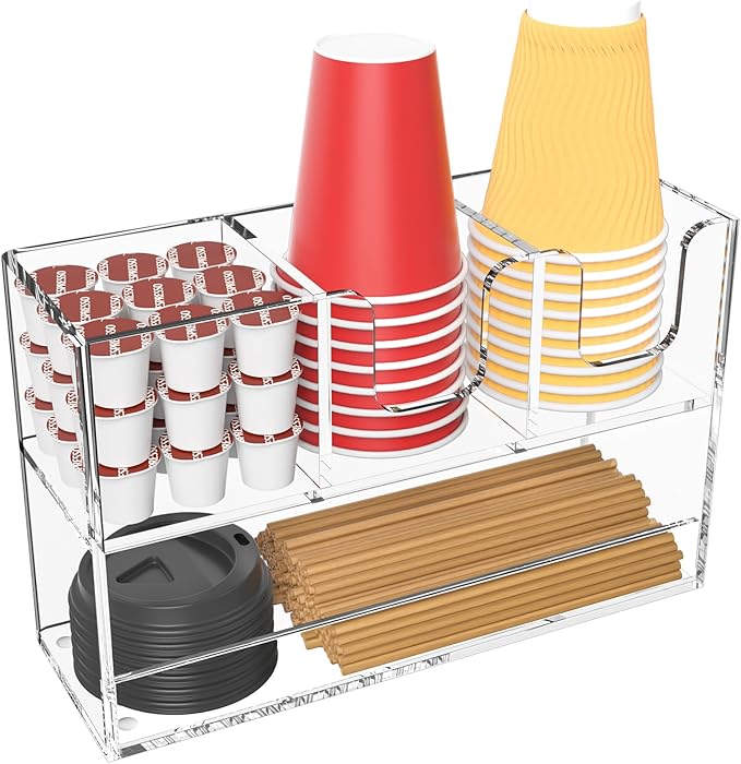 Coffee Condiment and Cup Organizer - 2-Tier Upright Cup and Lid Holder with Straw Organizer 4 Compartments Clear Acrylic Cup Dispenser for Restaurant Breakroom Coffee Station Countertop