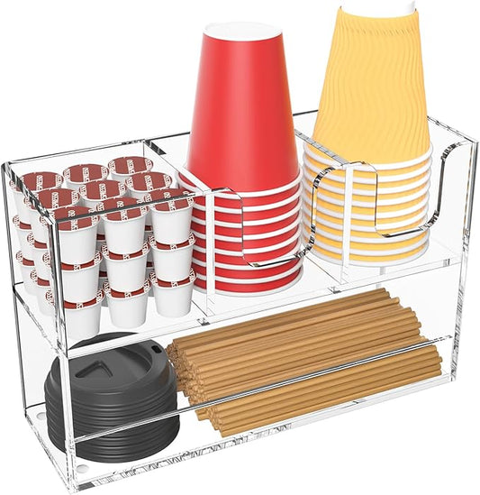 Coffee Condiment and Cup Organizer - 2-Tier Upright Cup and Lid Holder with Straw Organizer 4 Compartments Clear Acrylic Cup Dispenser for Restaurant Breakroom Coffee Station Countertop