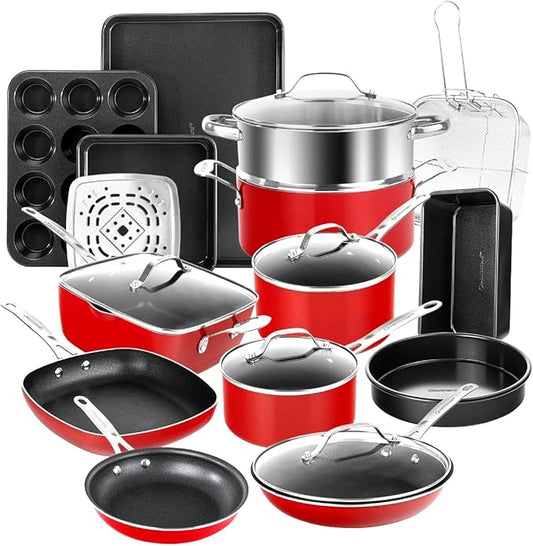 Granitestone 20-Piece Nonstick Pots and Pans Set with Bakeware & Steamer, Complete Kitchen Ceramic Cookware Set, Deep Frying Pan, Non-Toxic PFOA PFOS Free, Dishwasher & Oven Safe, Red Speckle