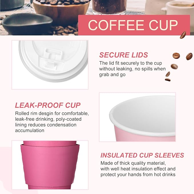 48 Pcs 12 oz Disposable Coffee Cups with Lids and Sleeves Bulk, Insulated Hot Chocolate Paper Cup for Hot and Cold Beverage Water Juice Cocoa Tea Party Restaurants Travel Supplies (Gradient Pink)