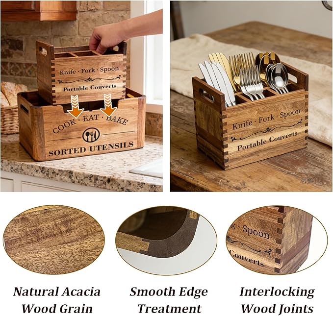 2-in-1 Upgraded Kitchen Utensil Holder for Counter or Countertop, Extra Large Utensil Holder with Removable Portable Organizer, Acacia Rustic Wooden Utensil Holder for Storage Cooking and Silverware