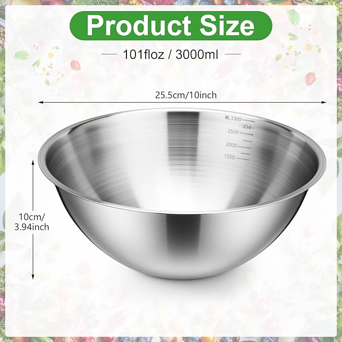 Honeydak 6 Pcs 304 Stainless Steel Mixing Bowls with Graduations, Salad Bowls Metal Serving Reusable Baking Food Storage Containers for Baking Cooking Salads Soups Ice Cream Noodles (101 oz)
