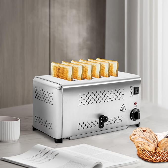 Electric 6 Slice Toaster, Stainless Steel Bread Baking Machine Commercial Toaster with Crumb Tray and Adjustable Timer Bread Making Tool for Home Kitchen Restaurant Bakery (3 Modes/1650W)