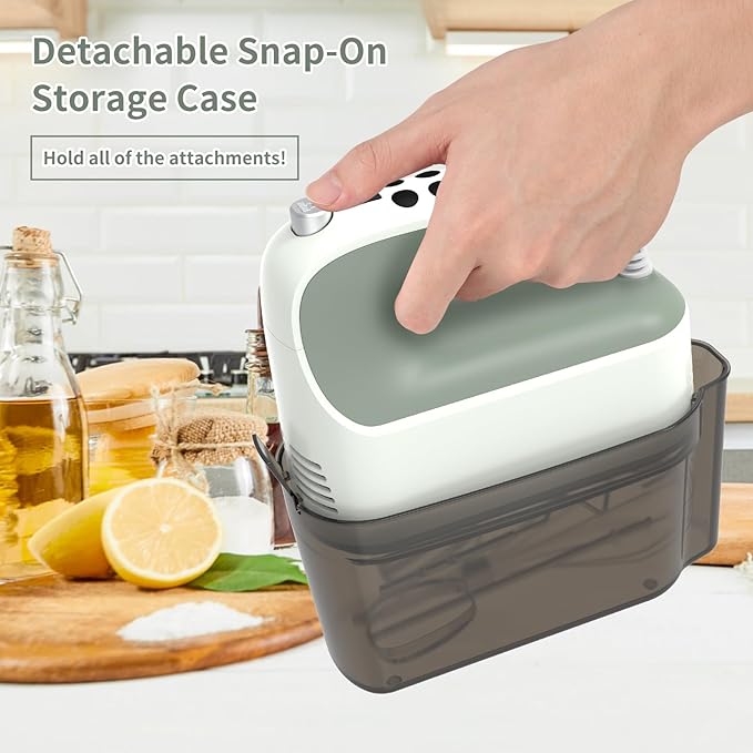 9-Speed Digital Hand Mixer Electric, 400W Powerful DC Motor, Hand Mixer Electric Handheld with Snap-On Storage Case, 5 Stainless Steel Accessories, Beaters, Dough Hooks, Whisk(Light Green)