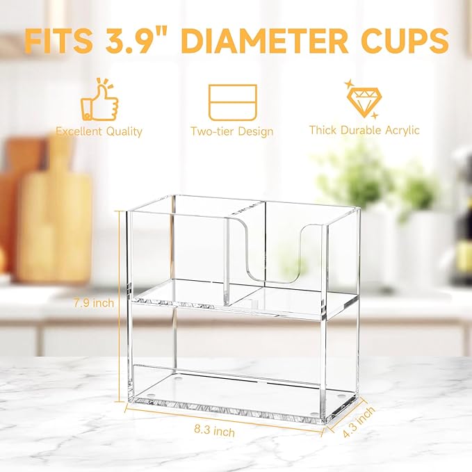 Coffee Condiment and Cup Organizer - 2-Tier Upright Cup and Lid Holder with Straw Organizer 3 Compartments Clear Acrylic Cup Dispenser for Restaurant Breakroom Coffee Station Countertop