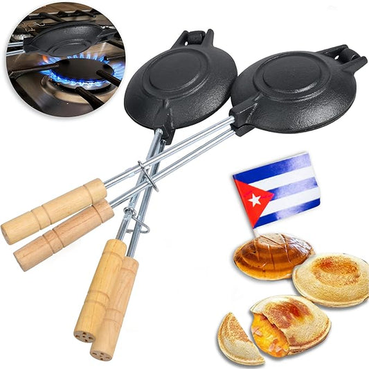 2 Uds Original Disquera de Pan Cubano Redondo – Set of 2 Cast Iron Cuban Sandwich Presses – Traditional Discos Voladores Maker – 15” with Wooden Handles
