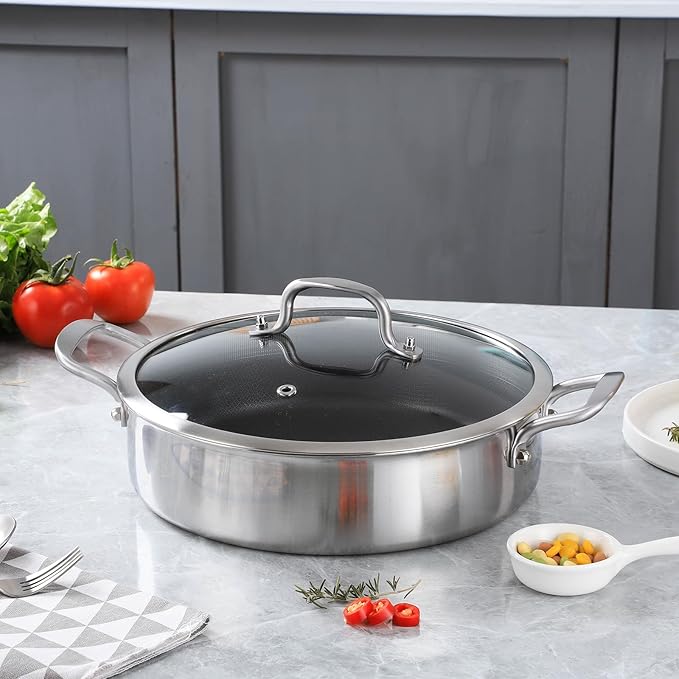 Tri-Ply Stainless Steel 6 Quarts Saute Pan, 12 Inch Nonstick Skillet with lids, Hybird Large Frying Pan,18/10 Chef's Cooking Pan, Induction Pan 12"", Dishwasher and Oven Safe, Silver