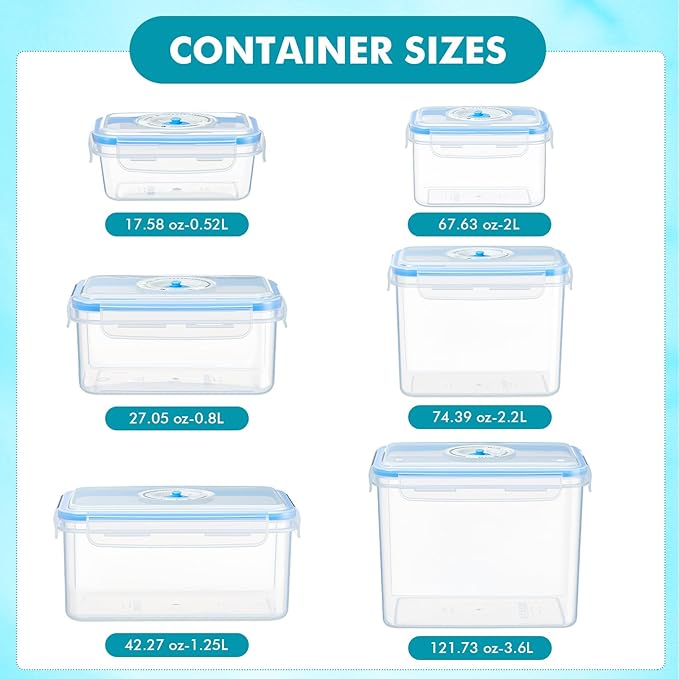 LemonRoad 33 Piece Vacuum Seal Storage Food Containers with Lids (6Containers&6 Lids&20 Sealable Bags&1 Hand Vacuum Pump), Meal Prep Containers with Lid, Airtight and Leak Proof(Blue)