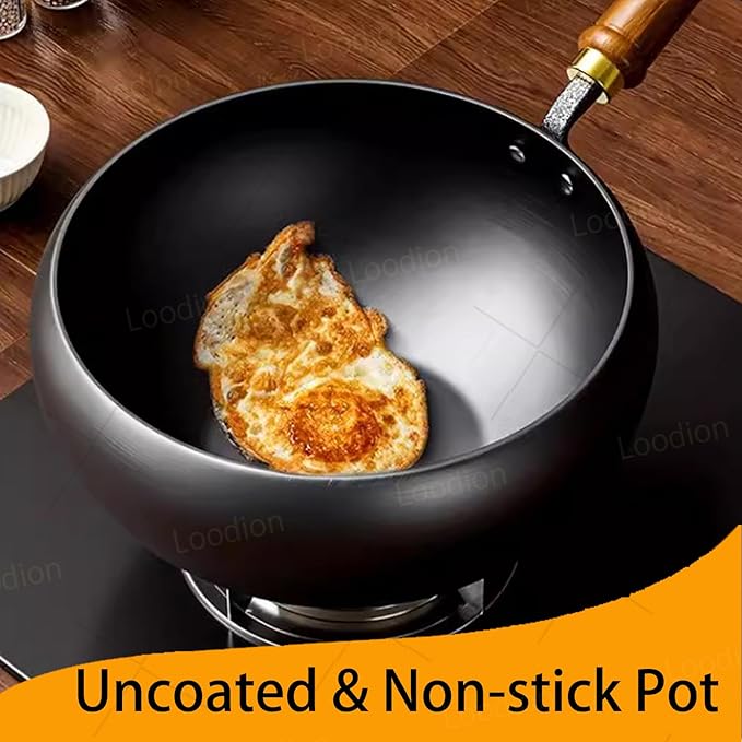 Uncoated Thick Iron Pot - Unenameled Cast Iron Casserole, Handmade Hammered & Large Belly with Lid for Baking, Cooking, Stewing (28CM/11.02IN,without Lid)