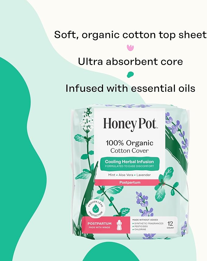 The Honey Pot Company - Herbal Postpartum Pads w/Wings - Infused w/Essential Oils for Cooling Effect, Organic Cotton Cover, & Ultra-Absorbent - Feminine Care - 12ct