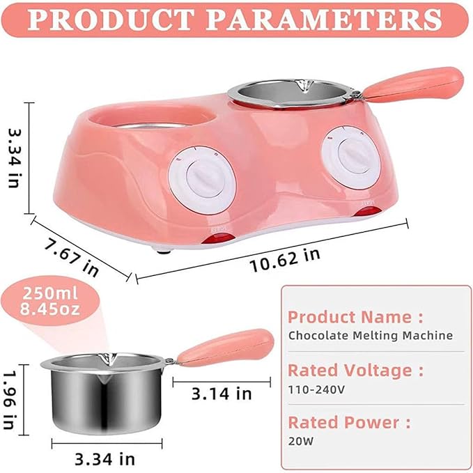 Chocolate Melting Pot with Dual Bowls, 2-Speed Temperature Fondue Maker, Chocolate Melter DIY Moulds for Cheese, Butter, 8.45oz Fondue Warmer Machine for Candy, Desserts, Home Parties Baking (Pink)