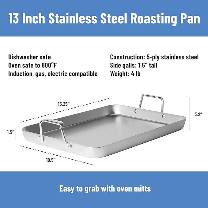 Misen Stainless Steel Roasting Pan with Handles - Versatile 5-Ply Design, Easy Grip Handles, Multi-Functional Cooking, Ideal for Baking, Searing, & Roasting, Superior Heat Conduction, Premium - 13"