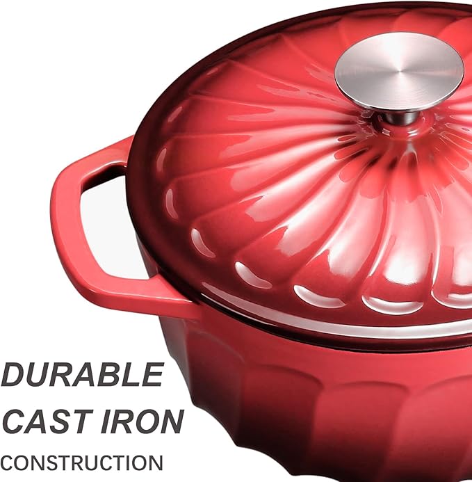 Enameled Cast Iron Dutch Oven Pot with Lid, 3 QT Dutch Oven for Bread Baking, Heavy Duty Cast Iron Pot for Braising, Cook, Bake, Oven Safe across All Cooktops (Gradient Red,3 QT)