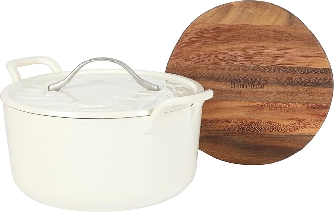 Bloomhouse - Two Time Oprah's Favorite Things Winner - 7 Qt Cast Iron Dutch Oven W/Embossed Lid, European Enamel, & Walnut Wood Trivet - Oat White
