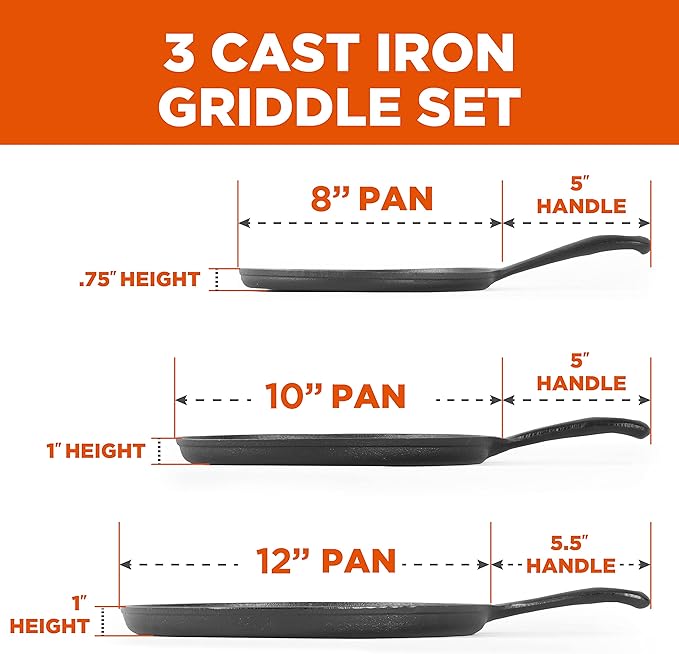 Commercial CHEF 3-Piece Cast Iron Griddle Set, Pre-Seasoned Cast Iron, Includes 8”, 10” & 12” Griddle Pans, Works on All Cooktops Including Induction, Outdoor Cookware for Campfires, CHCI81012