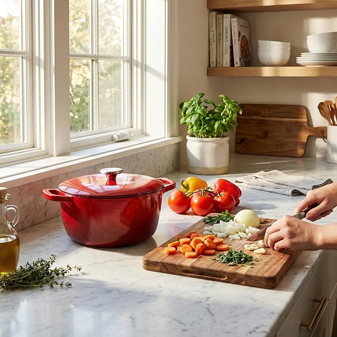 5QT Enamel Cast Iron Dutch Oven with Lid,Dual Handles,Versatile Heavy-Duty Non-toxic Cookware for Sourdough Bread Baking,Braising,Stews,Roasting,Oven Safe up to 500°F red
