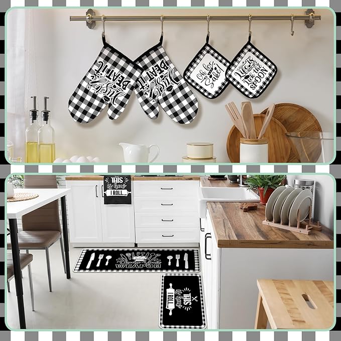 12 Pcs Checkered Buffalo Kitchen Oven Mitts and Pot Holders Black and White Dish Towels Farmhouse Kitchen Decor Accessories Set for Chef Baking Cooking Grilling BBQ Women Mom Gift