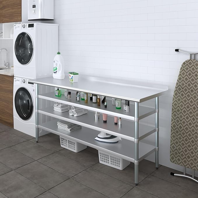 AmGood Stainless Steel Work Table with 1.5" Backsplash and 3 Shelves | Metal Kitchen Food Prep Table | NSF (72" Long x 24" Deep)