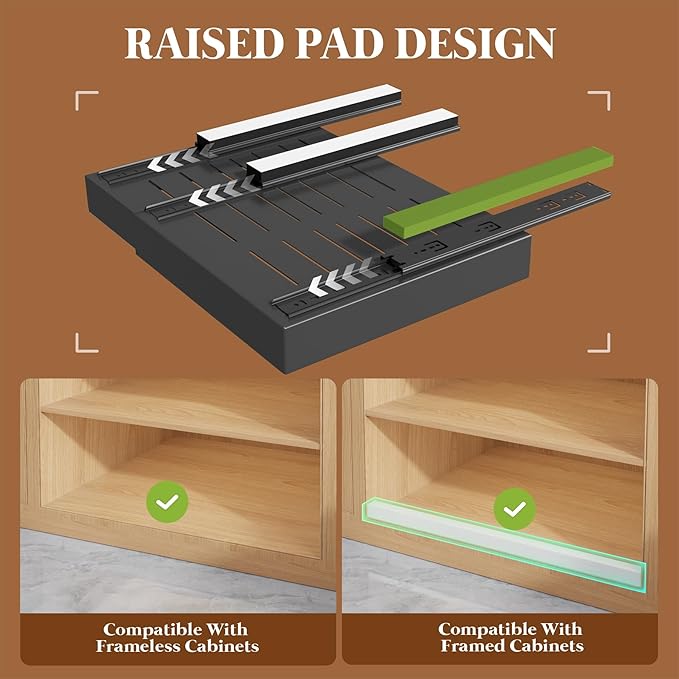 4 Pack Expandable Pull Out Cabinet Organizer 21"Deep With Raising Pad for Framed Cabinets,Upgrade 3 Slide Rails Slide Out Drawers,No Drill Roll Out Shelves,Adjustable Width 12.1"-20.4" Black