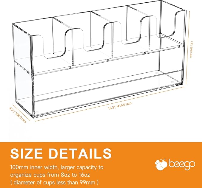 Beego 5-Compartment Cup Holder for Countertop - 2-Tier Clear Acrylic Cup Dispenser Coffee Station Paper Cup and Lid Organizer Condiment Storage for Restaurant Breakroom Kitchen Bar Accessories