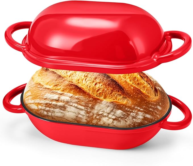 Maxdot 4qt Dutch Oven with Lid Enameled Cast Iron Sourdough Bread Pan for Baking Non Stick Single with Loop Handles for Family Homemade Breadbaking(Red)