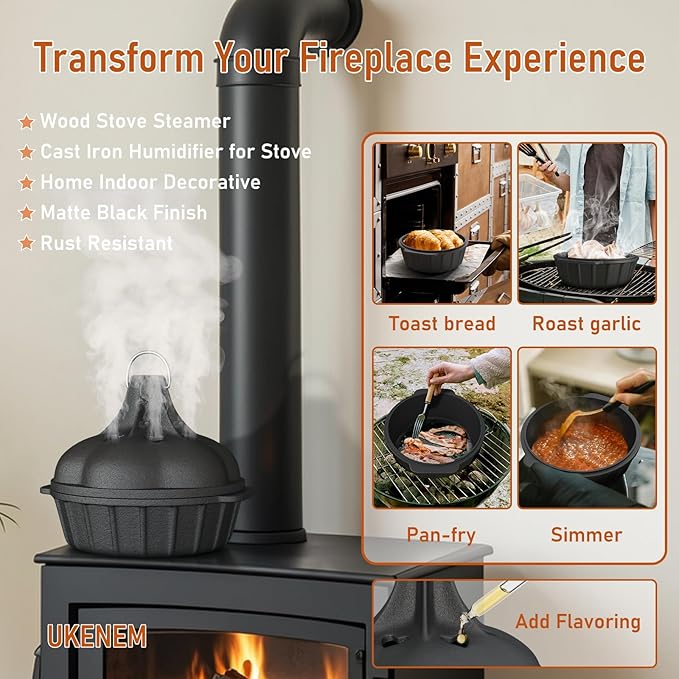 Wood Stove Steamer & Woodstove Steamer Stove Humidifier Cast Iron,2.4 Qt Round Fireplace Humidifier & Simmer Pots with Heart-shaped Vent At The Top Covers (Round-2)