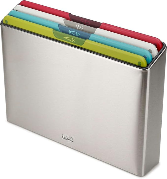 Joseph Joseph Folio Icon 4-Piece Multi Colour coded Cutting Board Set, Stainless Steel Slimline case for organized Kitchen storage, Silver