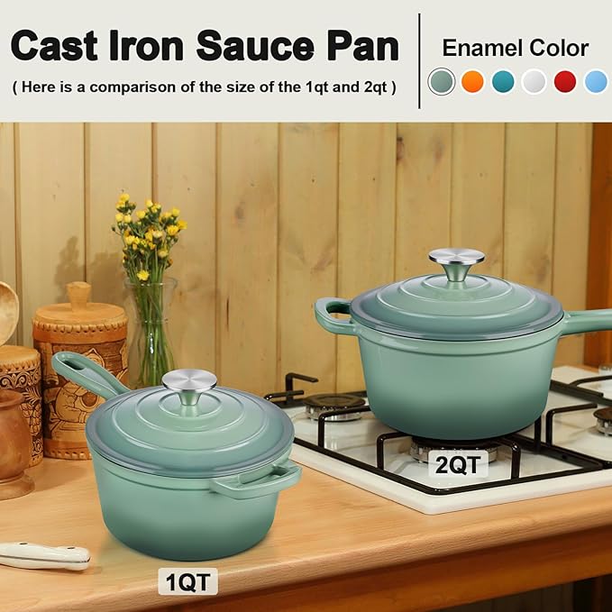 Enameled Cast Iron Sauce Pan with Lid, Leonyo 1 Quart Saucepan with Lid, Enamel Cast Iron Dutch Oven Kitchen Cookware for All Cooktops Cooking Soup, Milk - Up to 500°F & 4.4Lbs, Pistachio Green