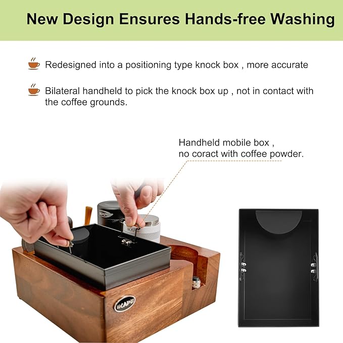 IKAPE V2 Espresso Knock Box, Espresso Coffee Organizer Box Fit for Storage 51mm 53/54mm 58mm Espresso Tamper, Distributor, Portafilter & Puck Screen Accessories, Natural Walnut Station Base (8 IN One)